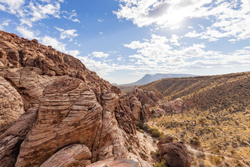 Fototapeta na wymiar Sunny view of the beautiful landscape of Calico Basin area of Red Rock Canyon