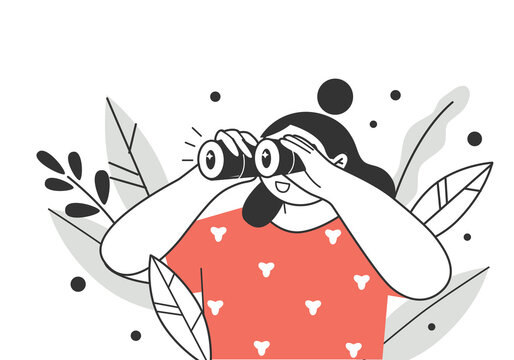 Search Concept. The woman looks through her large binoculars, looking for something. The girl is watching someone closely. Vector cartoon illustration