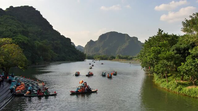 Boats on a river in Ninh Binh, Vietnam