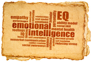 emotional intelligence (EQ) word cloud on an isolated sheet of handmade paper, empathy, feeling,...