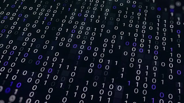 Blue and white binary code fast typing on dark display. Animation. Numbers zero and one coding on black background, seamless loop.