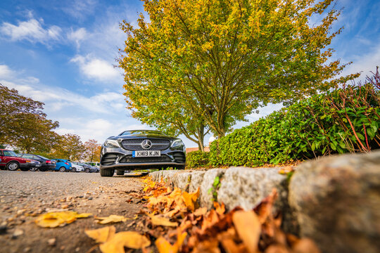 Mercedes Benz c200 cabriolet 2019 model parked on the road in autumn season. Mercedes cars are made by Daimler group based in Stuttgart in Germany:Milton Keynes,England-October 2019