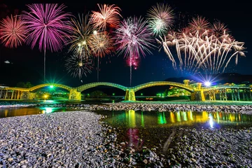 Printed kitchen splashbacks Kintai Bridge Fireworks display at Kintai Bridge in Iwakuni, Japan