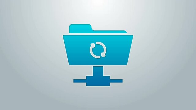 Blue line FTP sync refresh icon isolated on grey background. Software update, transfer protocol, router, teamwork tool management, copy process. 4K Video motion graphic animation