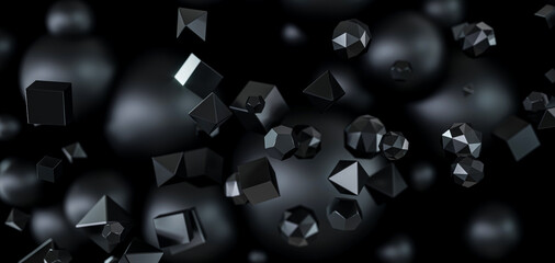Abstractblack background with 3D particles. Flying polygonal spheres and objects in dark space, futuristic design.