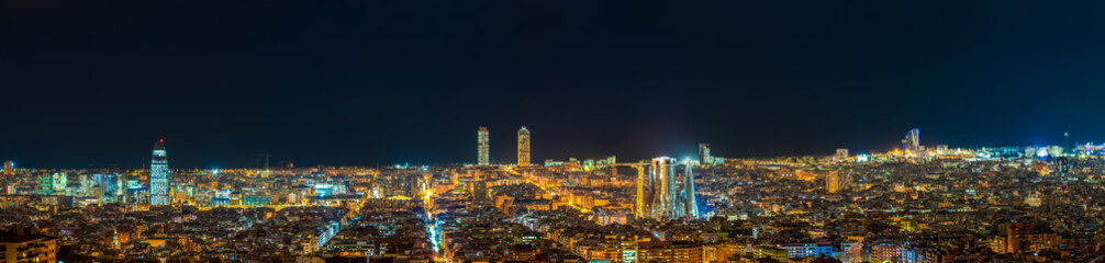 Panorama of Barcelona city illuminated at night. Spain