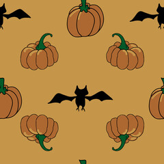 pumpkins and bats on an orange background seamless vector repeat surface pattern design