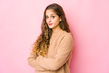 Fototapeta premium Young caucasian woman unhappy looking in camera with sarcastic expression.