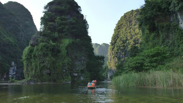 Boats on a river in Ninh Binh, Vietnam