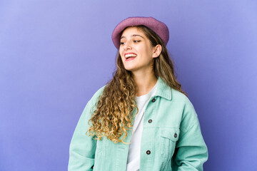Fototapeta premium Young caucasian cute woman relaxed and happy laughing, neck stretched showing teeth.