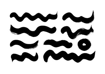 Black paint brush strokes vector collection. Hand drawn curved and wavy lines with grunge circle. Chaotic ink brush scribbles decorative set. Messy doodles, bold curvy lines illustration.