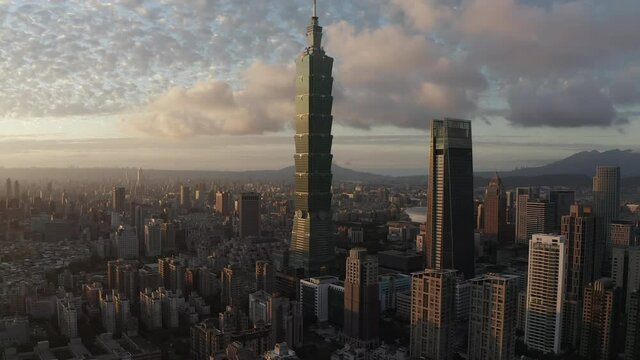 4K Aerial HDR Panorama video Of Taipe Downtown Skyline sunset