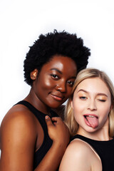 teenage friends cheerful having fun, happy smiling, cute posing isolated on white background, lifestyle people concept, african-american and caucasian
