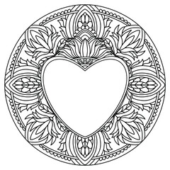 heart on wreath drawn with flowers in folk style for coloring, space for text, vector