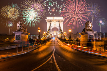Fireworks at Chain Bridge in Budapest. Hungary 