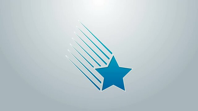 Blue line Falling star icon isolated on grey background. Shooting star with star trail. Meteoroid, meteorite, comet, asteroid, star icon. 4K Video motion graphic animation