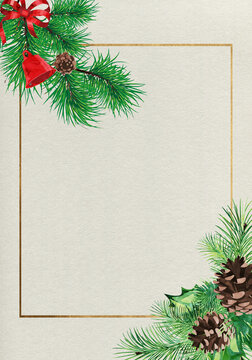 Watercolor christmas card template with pine branches. Christmas decorations.