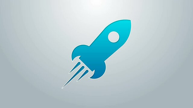 Blue line Rocket ship with fire icon isolated on grey background. Space travel. 4K Video motion graphic animation