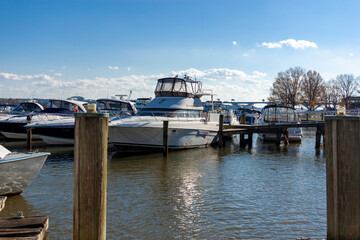 A scenic look at the harbor district of the historic town of Alexandria, Virginia. This picturesque town with a waterfront facing Potomac river is easily accessible by small yachts and cabin cruisers.