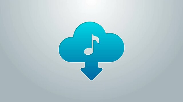 Blue line Cloud download music icon isolated on grey background. Music streaming service, sound cloud computing, online media streaming, audio wave. 4K Video motion graphic animation