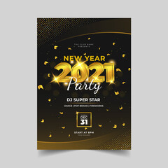 Golden happy new year 2021 party flyer template. Fireworks, golden garlands, sparkling particles & Glitter. Vector illustration
