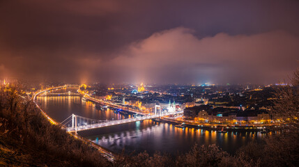 Aerial panorama of Budapest overlooking riverside of the city with Elisabeth and Chain bridges. Hungary 