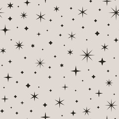 Starry Sky Seamless Pattern. Space Vector Background in Minimal Trendy Style. Abstract Geometric Texture with Star Different Shapes