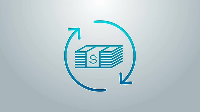 Blue line Refund money icon isolated on grey background. Financial services, cash back concept, money refund, return on investment, savings account. 4K Video motion graphic animation