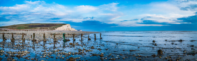 Blue hour panorama of Seven Sisters cliffs near Seaford. England 