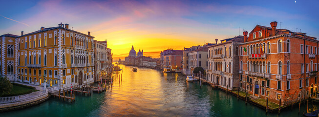 Landmarks of Venice. Grand Canal and Basilica Santa Maria della Salute - long exposure photograph  - obrazy, fototapety, plakaty
