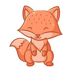 Funny and cute orange fox with the big tail is sitting with his feet and happy face