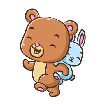 The blue cutes bear is walking with the little rabbit on his back