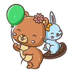 Little blue rabbit with the yellow ribbon is holding the big beaver holds the green balloon