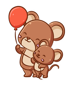 The big cute mouse is holding the red balloons and playing with the little mouse