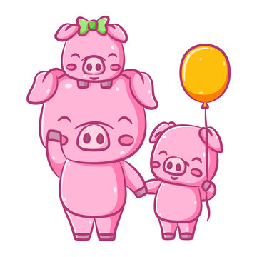 Cute three pink pig is walking around together and holding the yellow balloon