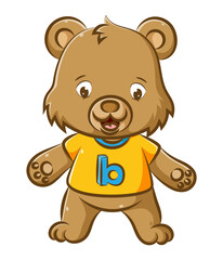 The little baby bear with the yellow shirt and the B alphabet is standing