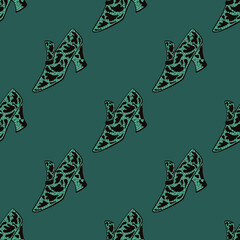 Seamless patern with simple hand drawn moder fashion boots elements. Green turquoise palette artwork.