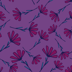 Seamless random pattern with doodle flower ornament. Pink floral print on purple background.