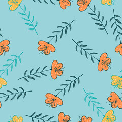 Summer seamless doodle pattern with bright orange and yellow random ornament. Blue background.