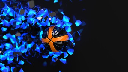 Black-Orange Basketball crash blue lighting wall and the wall was cracked. 3D illustration. 3D CG. 3D high quality rendering.