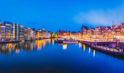 Evening panorama of Amsterdam. Dutch architecture 