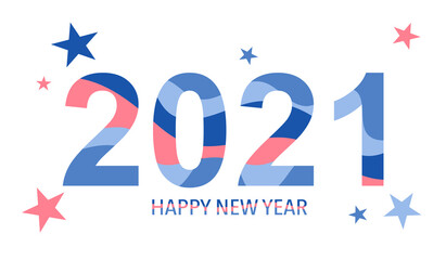 Happy New Year 2021 with stars flat design on white background. Season greetings.