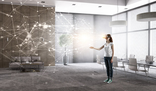 Woman wearing virtual reality goggles