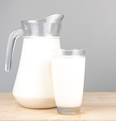 Bottle milk for a drink on a  wooden  table..Jug of fresh milk and glass on a  gray background, .Milk consumption nutritious, and healthy dairy products concept.