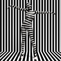 Body paint on a girl in a surreal style on black and white geometric background 3d illustration