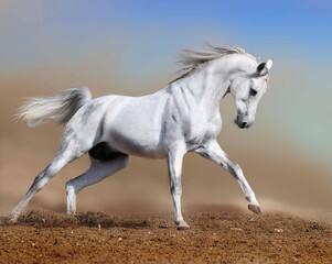 Naklejka na ściany i meble white horse stallion runs gallop in dust desert, collage paint