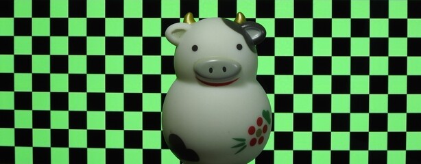 日本の正月の飾り,日本の市松模様と干支,牛の模型
