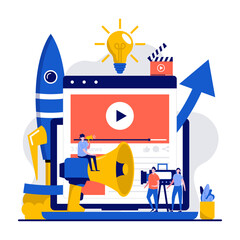 Video marketing campaign concept with tiny character. People creating content, streaming live vlog flat vector illustration. Social networks media, increase sales strategy, product overview metaphor
