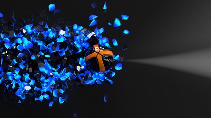 Black-Orange Basketball crash blue lighting wall and the wall was cracked. 3D illustration. 3D CG. 3D high quality rendering.