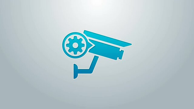Blue line Security camera and gear icon isolated on grey background. Adjusting app, service concept, setting options, maintenance, repair, fixing. 4K Video motion graphic animation